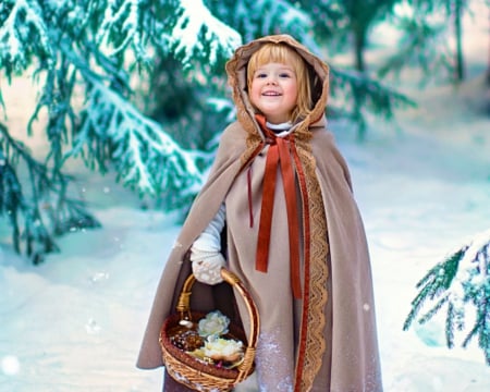 Pretty girl in snow - snow, cape, girl, basket