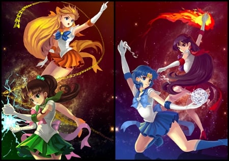 Bishoujo Senshi Sailor Moon - anime, female, warrior, team, blonde, blond hair, thunder, long hair, sailor moon, short hair, group, fire, blue hair, blond, ribbon, lighting, anime girl, sailormoon, water, chain, hot, sailor mercury, girl, blonde hair, love, magical girl, sailor mars, black hair, cute, sailor jupiter, sexy, sailor venus