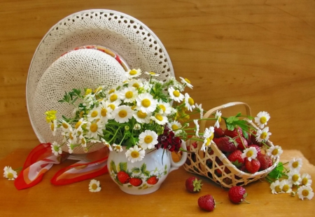 Still life - hat, pretty, vase, strawberries, mood, beautiful, lovely, still life, harmony, flowers, basket, daisies, nice