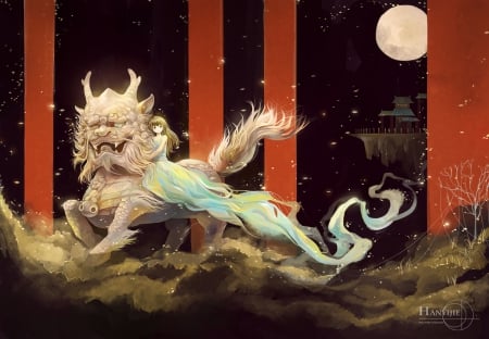 Mystical Beast - pretty, anime, female, scenery, scene, maiden, dress, beast, monster, float, oriental, nice, moon, anime girl, hot, girl, lovely, sweet, creature, lady, cute, sexy