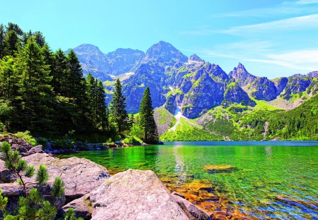 Tatra National Park, Poland - wilderness, trees, landscape, water, mountains, rocks