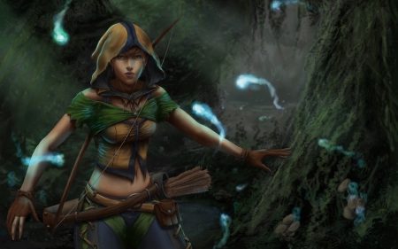 Archer - fantasy, archer, blue, woman, green, girl, forest, spirits