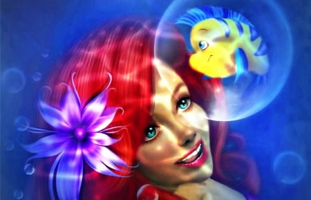 Arielle - woman, redhead, water, fantasy, underwater, art, yellow, ocean, girl, bubble, blue, mermaid, pink, red, fish, smile, sea, arielle, flower