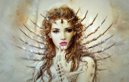 Fantasy girl by Luis Royo - luis royo, girl, blonde, beauty, pink, fantasy, white, woman, golden, art