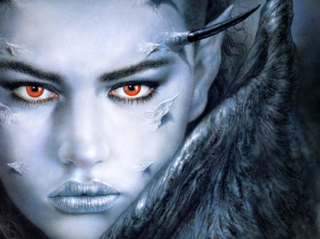 Fantasy girl by Luis Royo - draw, luis royo, girl, angel, red eyes, black, fantasy, grey, woman, wings, face, art