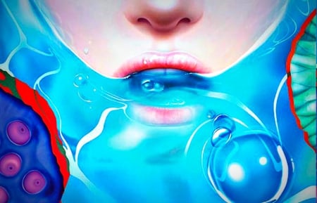 Mermaid mouth - mouth, abstract, water, blue, girl, pink, bubble, fantasy, mermaid, red, woman, art