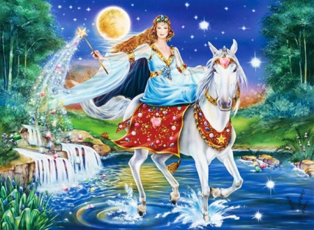 Fairy of the Moon - artwork, riding, stars, horse, sky