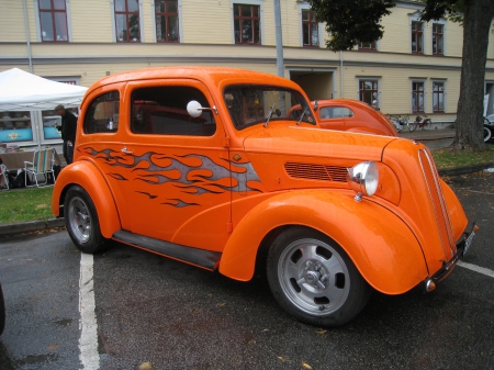 Orange Hot Rod - tent, hot-rod, street, town, car, orange, house