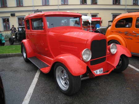 Red Hot Rod - hot-rod, building, street, town, people, red, cars