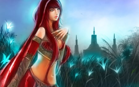 Fantasy girl - game, fantasy, redhead, blue, woman, red, girl, beauty