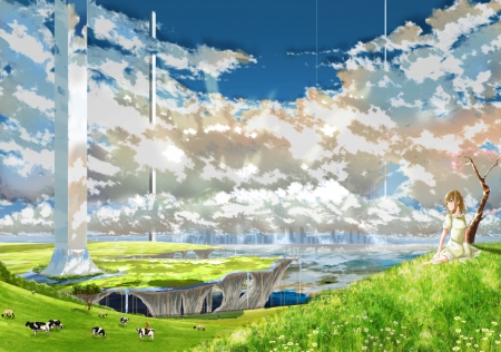 island - sky, girl, landscape, original, cows, clouds, anime, island, tree