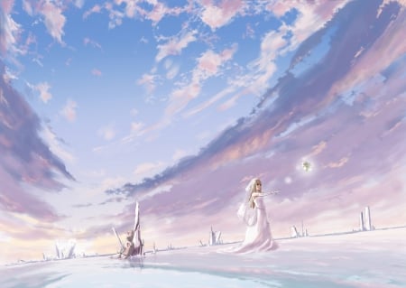 bride - women, bride, anime, winter, original, snow, landscape, light, sky