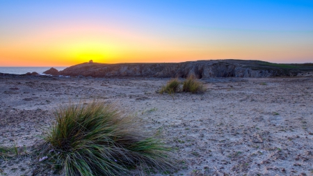 gorgeous sunset in brittany france - coast, beach, sunset, sea, shrub