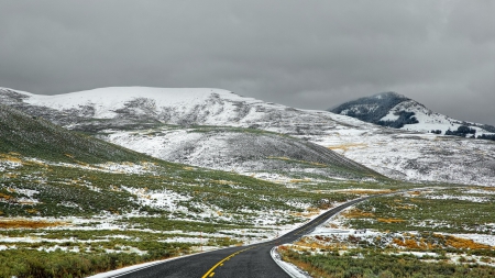 highway on rolling hills in winter - winter, highway, hills, overcast, grass