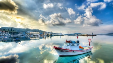 fantastic reflections in boat harbor hdr - clouds, boats, marina, town, hdr, harbor