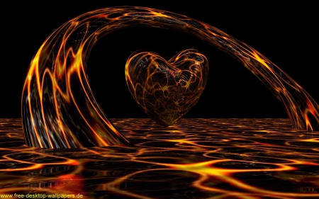 Golden Heart - abstract, golden heart, 3d, river