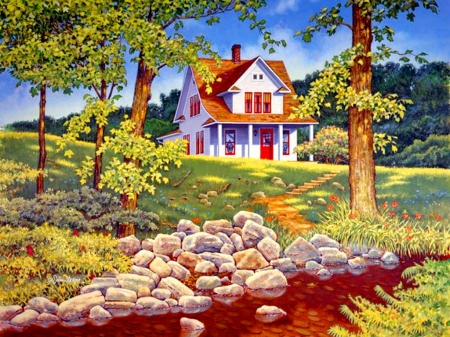 Brookside - nice, cottage, sky, trees, stream, countryside, path, creek, painting, calm, art, quiet, pretty, house, grass, summer, lovely, serenity, brookside, village, greenry, beautiful, stones, silence