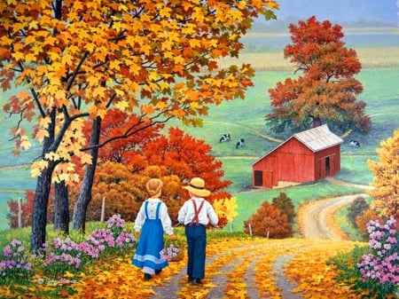 Golden days - farm, colorful, countryside, field, road, art, children, golden, rustic, falling, silent, nature, ul, leaves, nice, season, autumn, trees, peaceful, path, foliage, calm, fall, quiet, rural, walk, house, girl, day, lovely, kids, serenity, village, boy, barn