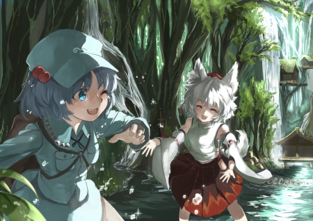 Water Fight!! - fun, anime, animal ears, wink, forest, white hair, short hair, touhou, blue hair, friends, blue eyes, ribbons, kawashiro nitori, foxgirl, skirt, water, inubashiri momiji, playing