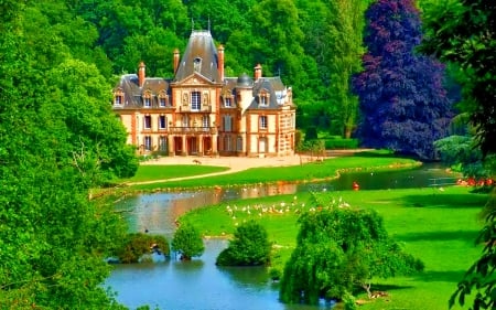 Castle - trees, mountagne, lake, photo, castle, sky