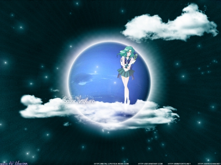 Sailor Neptune - pretty, star, anime, female, warrior, planet, light, space, sailor moon, float, sailor neptune, sparks, nice, abstract, anime girl, sailormoon, hot, girl, lovely, sweet, glow, fantasy, magical girl, cloud, cute, sexy