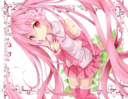 Sakura Miku - pretty, anime, vocaloid, twin tail, kawaii, female, twintail, hatsune miku, pink, long hair, pink eyes, sakura miku, nice, pink hair, twin tails, anime girl, sakura, twintails, hot, girl, lovely, sweet, white, miku, cute, hatsune, sexy, vocaloids