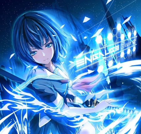 Blue Sparks - sword, cute, hot, anime girl, girl, sparks, light, blade, weapon, serious, emotional, blue hair, glow, short hair, anime, sinister, blue, warrior, sexy, female