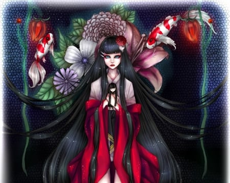 Evil Doll - anime, female, gloomy, evil, long hair, emotional, doll, scary, gloom, animal, sad, horror, hd, scare, creepy, anime girl, serious, creep, hot, girl, flower, sinister, black hair, koi, floral, sexy, fish, eerie