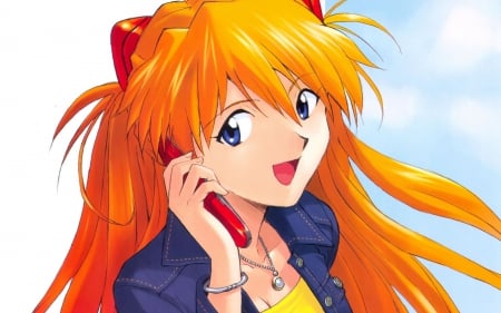 Asuka Langley Soryu - nice, close up, female, hot, telephone, anime girl, pretty, neon genesis evangelion, phone, orange hair, anime, cute, genesis, sexy, girl, handphone, blue eyes, asuka langley soryu, long hair, mobile, eva, lovely, evangelion, neon, closeup, kawaii, asuka, sweet, smile, happy