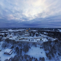 view of church within a fortress in winter