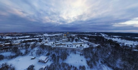 view of church within a fortress in winter - hill, trees, winter, town, fortress, church