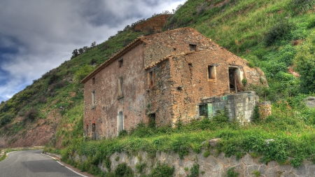 abandoned stone house by a mountain road - house, stone, road, grass, abandoned, mountain