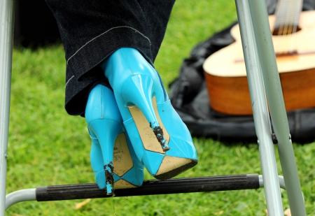 Blue Heels - stilettos, guitar, denim, heels, grass