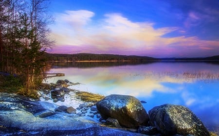 Lake of Dreams - sky, trees, photography, creative pre-made, rocks, lakes, reflections, quiet, cool, clouds, blue dreams, waterscapes, landscapes, silent, stunning, nature, beautiful, colors