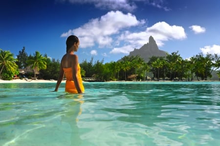 Bora Bora Paradise - wade, lagoon, blue, island, polynesia, tahiti, aqua, exotic, palm trees, paradise, swim, water, girl, sea, ocean, islands, shallow, lady, tropical, bora bora, woman