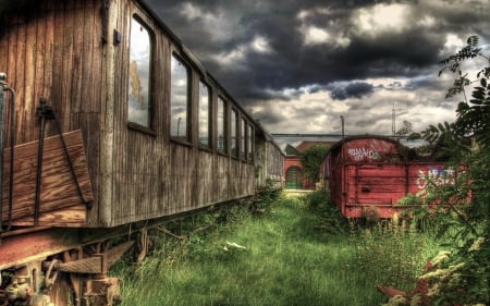 Old Railway Wagon - hdr, clouds, grass, railroad