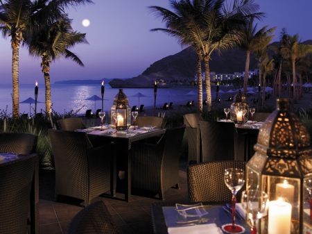 Candlelight Beach Dining - beach, evening, food, island, lamp, night, polynesia, sand, dark, eat, dine, view, dining, palm trees, hotel, candles, luxury, moon, sea, table, resort, ocean, moonlight, candlelight, islands, sunset, dusk, restaurant