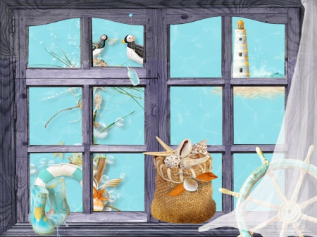 Goodbye Summer - summer, window, sea shells, blue