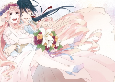 The Happy Couple - wedding, macross frontier, couple, alto saotome, long hair, bouquet, wedding dress, sheryl nome, married, anime