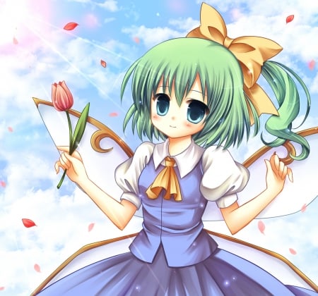 Daiyousei - flower, cute, daiyousei, anime girl, adorable, girl, wings, ribbon, fairy, green hair, cloud, touhou, pretty, kawaii, short hair, wing, sweet, anime, dress, sky, petals, nice, tulip, lovely, female