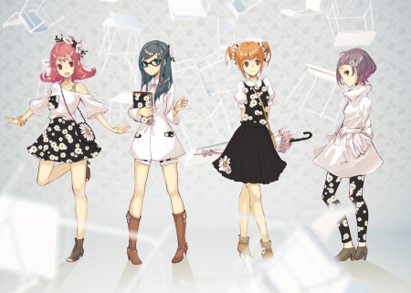 It's All About Fashion - girls, glasses, pretty, skirts, anime, umbrella, friends, boots, fashion