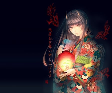 Lantern - anime, female, maiden, light, gloomy, long hair, emotional, dark, scary, gloom, horn, horror, hd, sparks, scare, creepy, anime girl, serious, creep, hot, girl, lack, kimono, brown hair, darkness, yukata, lantern, glow, sinister, lady, sexy, eerie