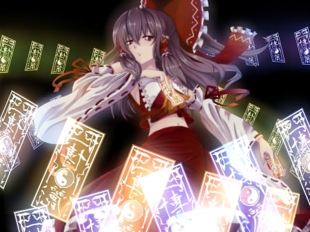 Hakurei Reimu - pretty, magic, female, d, light, emotional, touhou, nice, gown, hot, talisman, cute, sexy, hakurei, anime, dress, shrine maiden, long hair, magical, dark, hd, ribbon, reimu, sparks, hakurei reimu, anime girl, serious, girl, lovely, brown hair, sweet, glow, sinister