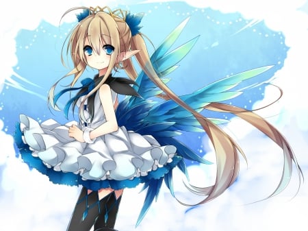 Angel - gown, cute, blond hair, plain, blonde, hot, anime girl, adorable, girl, wings, white, blond, blonde hair, twintgail, feather, simple, pretty, twin tails, kawaii, wing, sweet, anime, twintails, dress, blue, long hair, nice, lovely, sexy, female, angel