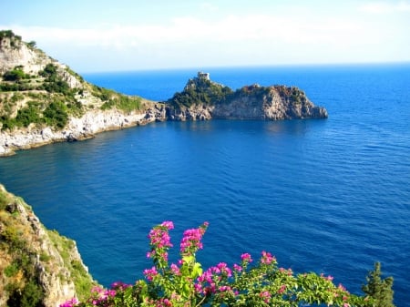 Amalfi coast - summer, rocks, beautiful, flowers, amalfi, blue, horizons, sky, nice, coast, clouds, view, lovely, sea, nature