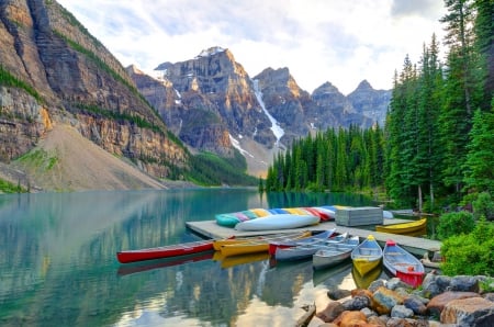 Moraine lake - calm, quiet, walk, mountain, shore, Canada, Banff, cliffs, port, lake, nice, Moraine, sky, national park, trees, beautiful, lovely, peaks, Alberta, boats, colorful, nature, serenity, rocks