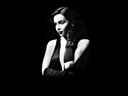 Emilia Clarke - woman, emilia clarke, beauty, emilia, actress, girl, female, black, gloves, elegant, white, clarke