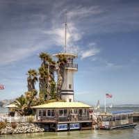 lighthouse on forbes island on fishermans wharf san francisco