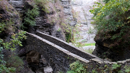 wonderful sentry bridge in watkins glen ny - river, stone, trees, cliffs, tunnel, gorge, bridge