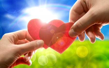 Heart 2 Heart - abstract, heart, sunshine, meadow, hands, rainbow, SkyPhoenixX1, picture, sun, sky, hearts, wallpaper